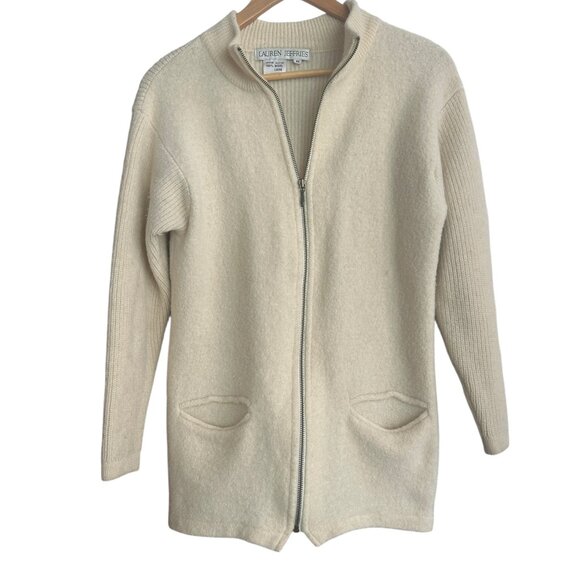 Vintage Lauren Jeffries 100% Wool Ivory Full Zip Cardigan Sweater Nordic Cozy - Picture 2 of 7